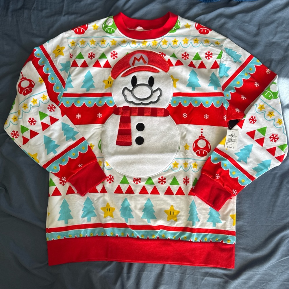 Super Nintendo Mario Holiday Long Sleeve Shirt - Snowman Design - Small - NWT